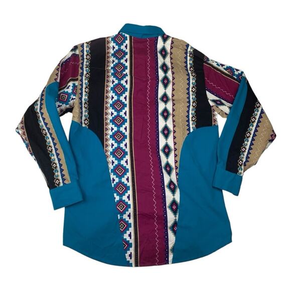 Steer West Mens XL vintage Button Down Shirt in Blue Red Geometric Patterns - Picture 2 of 9